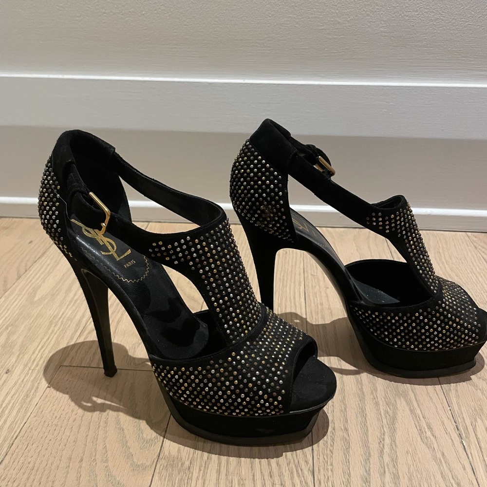 YSL Studded Tribute Sandals Black Suede 38.5 - Picture 3 of 7